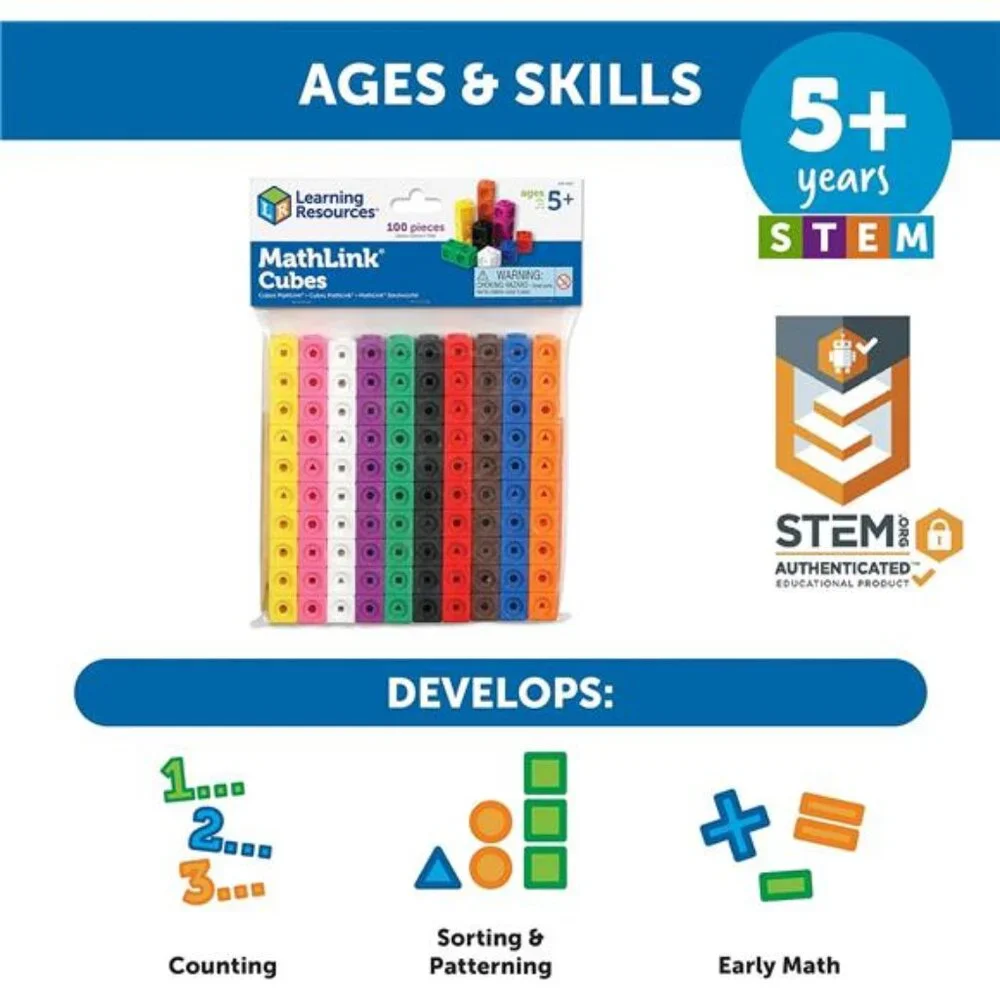 Kids Learning Resources MathLink Cubes 100 Cubes‎ Set Ages 5+ Kindergarten